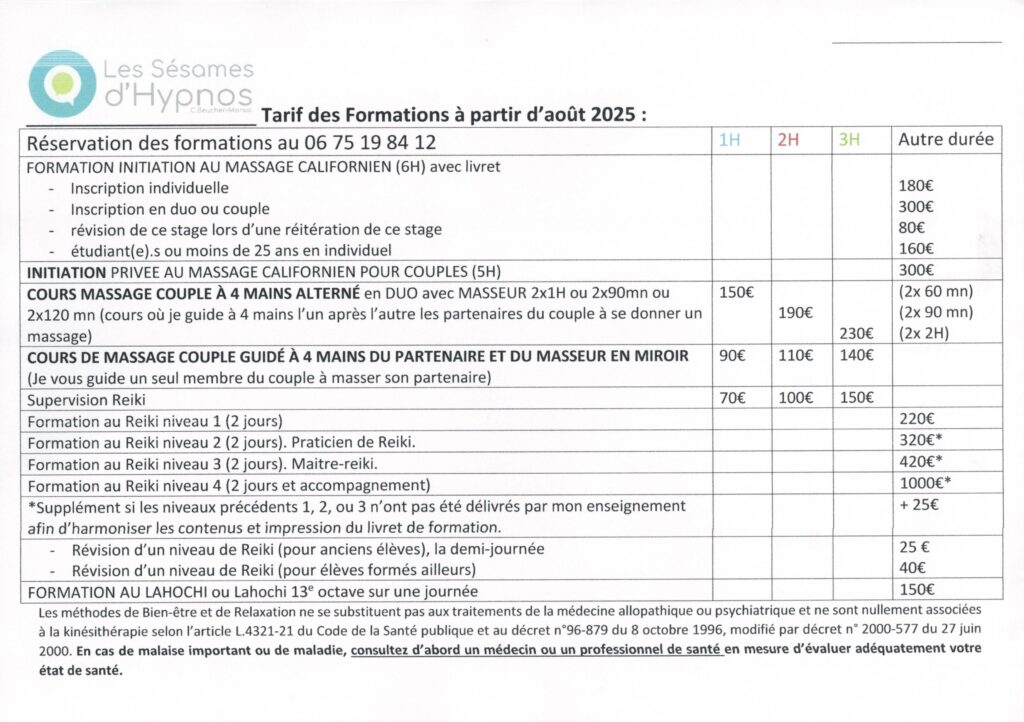 tarifs des formations massages et autres